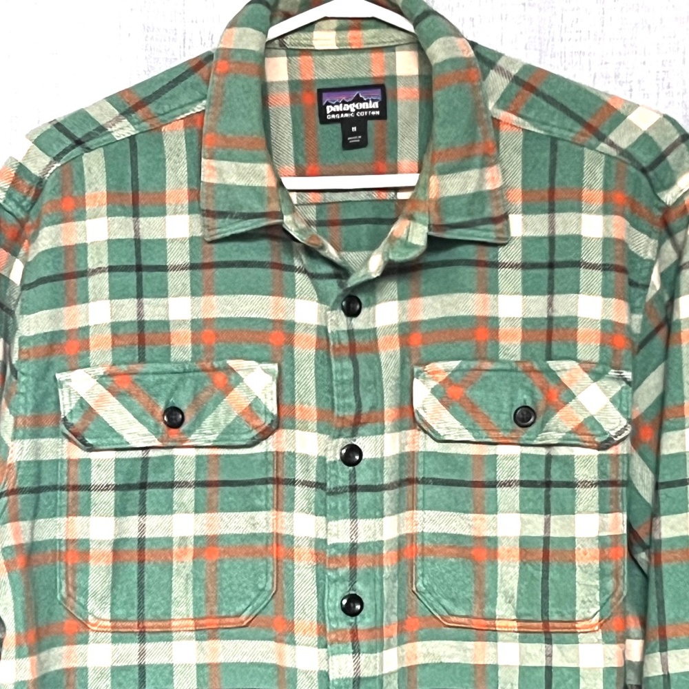 Patagonia Shirt Button Down Green Orange Large Check Size M 100% Organic Cotton - Picture 2 of 7